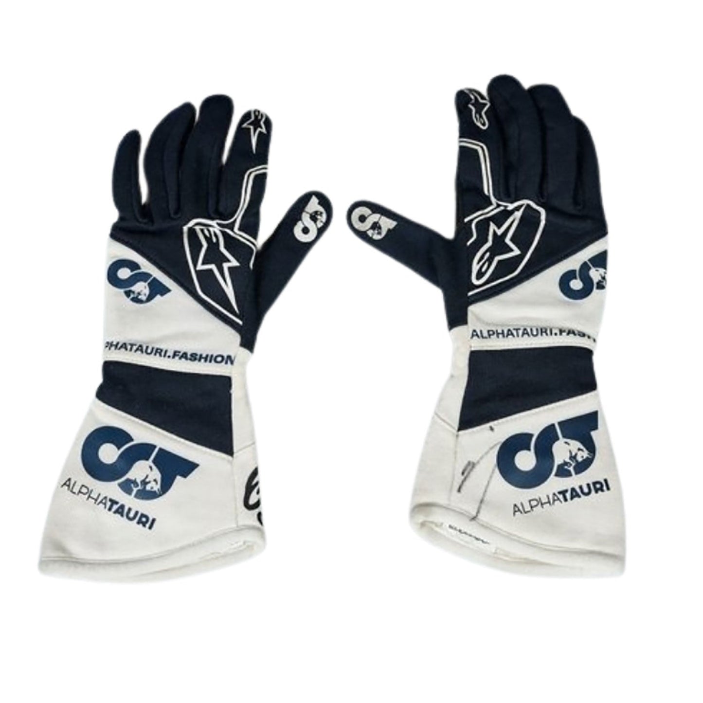 White Daniel Ricciardo 2023 AlphaTauri F1 Replica Race Gloves laid flat, front view, showing the full racing design and replica stitching