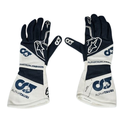 White Daniel Ricciardo 2023 AlphaTauri F1 Replica Race Gloves laid flat, front view, showing the full racing design and replica stitching