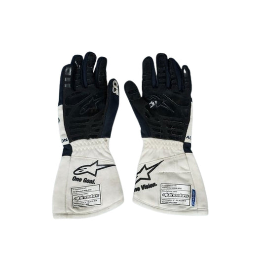 White Daniel Ricciardo 2023 AlphaTauri F1 Replica Race Gloves laid flat, front view, showing the full racing design and replica stitching