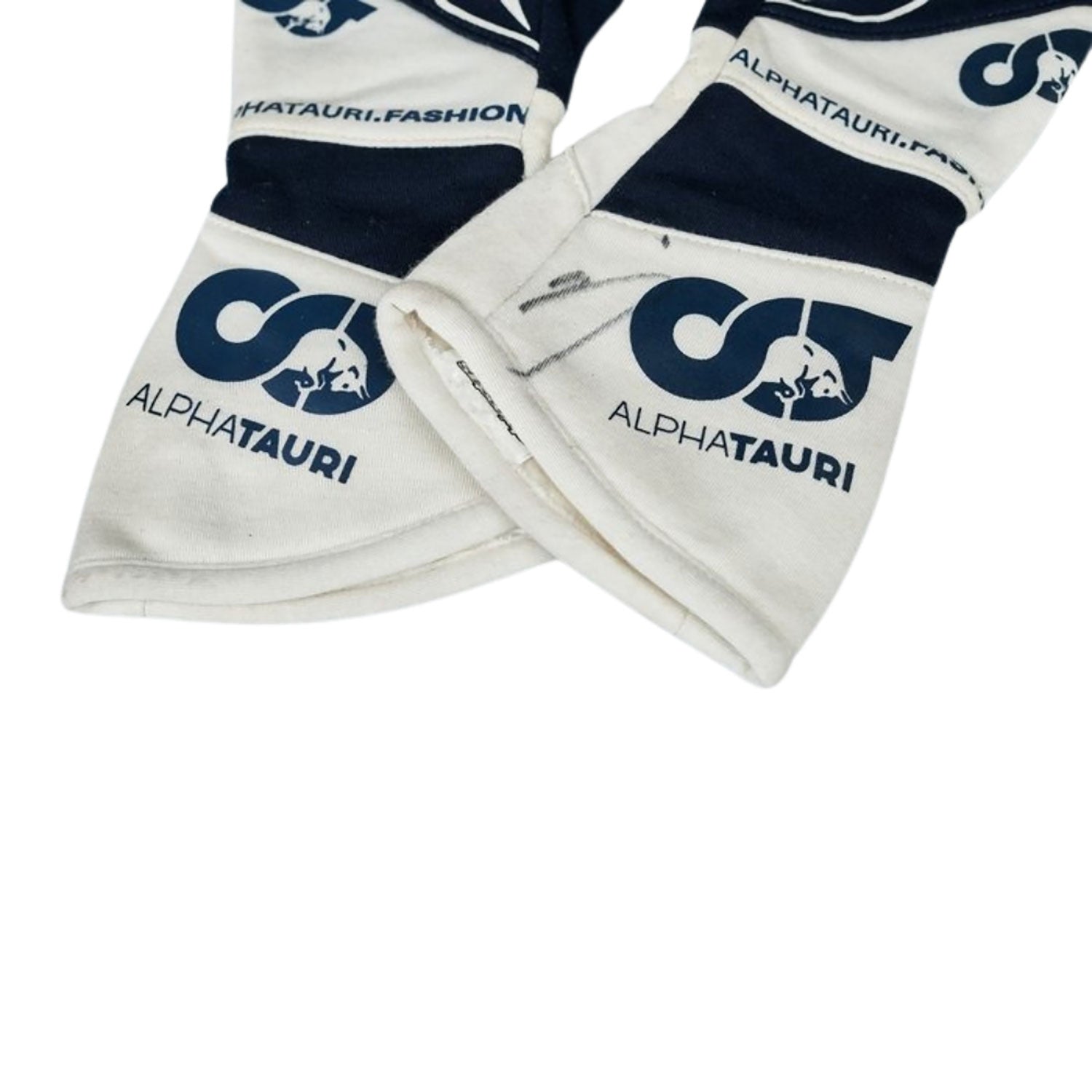 White Daniel Ricciardo 2023 AlphaTauri F1 Replica Race Gloves in close-up detail, showing the palm grip pattern used in GP racing conditions