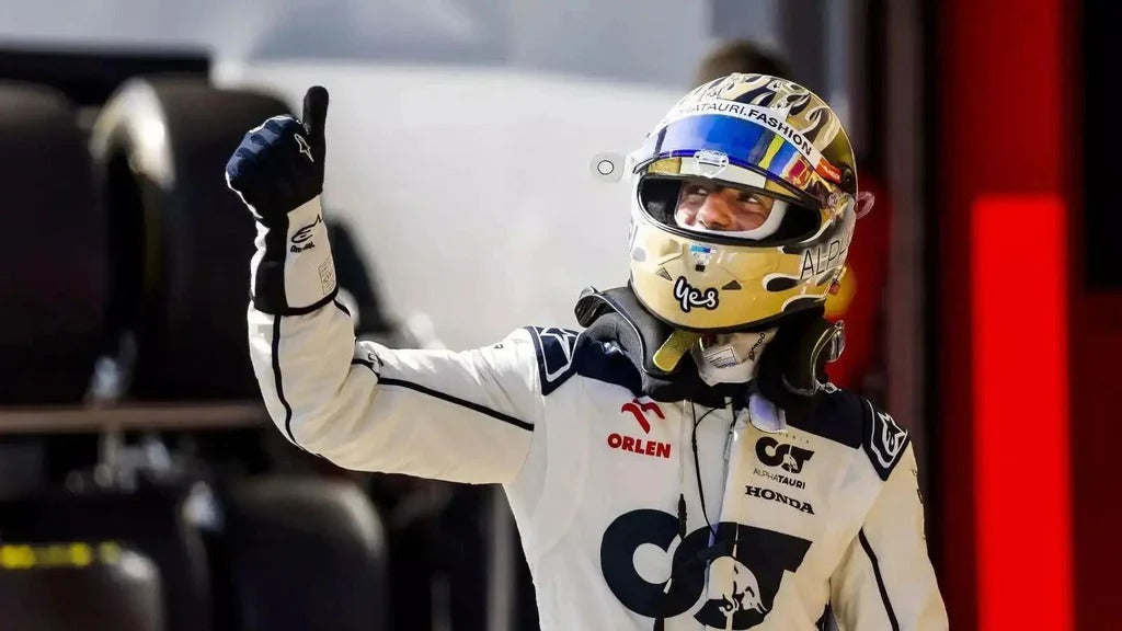 White Daniel Ricciardo 2023 AlphaTauri F1 Replica Race Gloves shown side-on, highlighting the wrist strap and grip texture for grand prix use