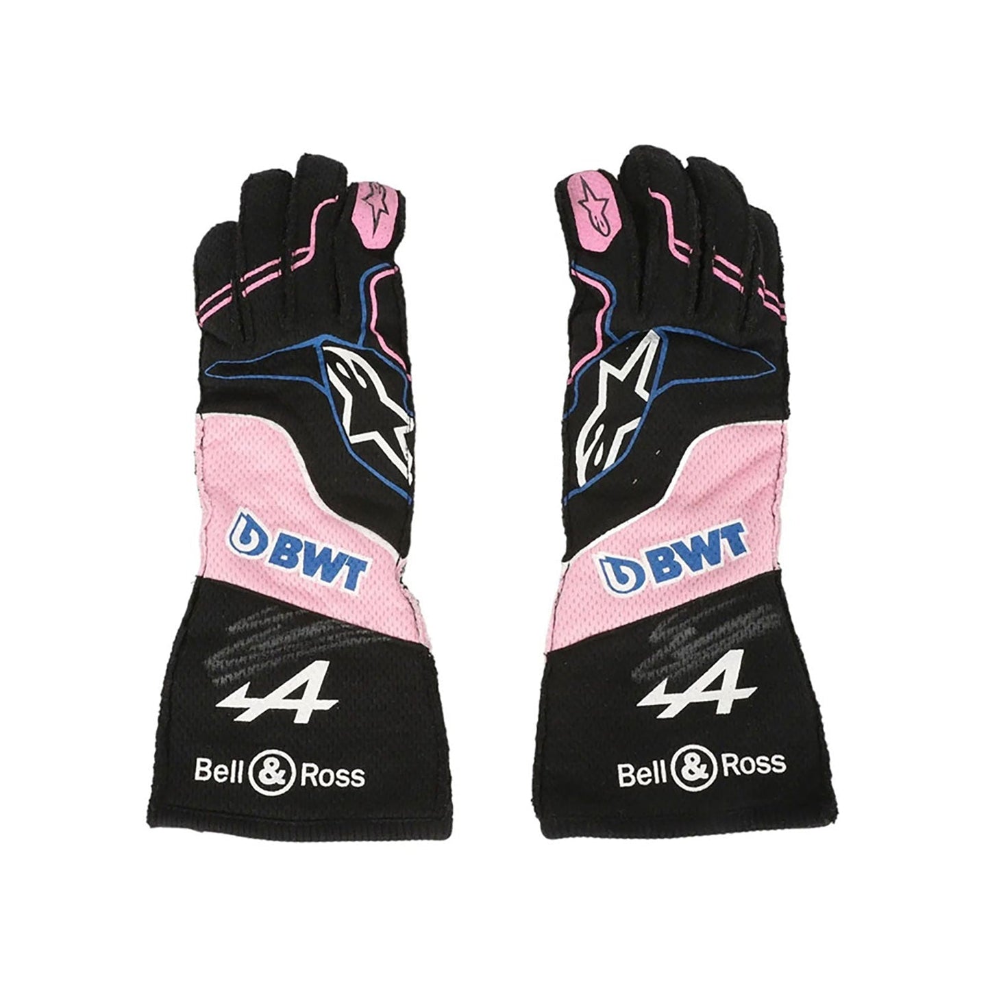 Black Esteban Ocon 2023 BWT Alpine Miami GP F1 Replica Race Gloves laid flat, front view, showing the full racing design and replica stitching