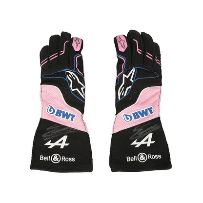 Black Esteban Ocon 2023 BWT Alpine Miami GP F1 Replica Race Gloves laid flat, front view, showing the full racing design and replica stitching
