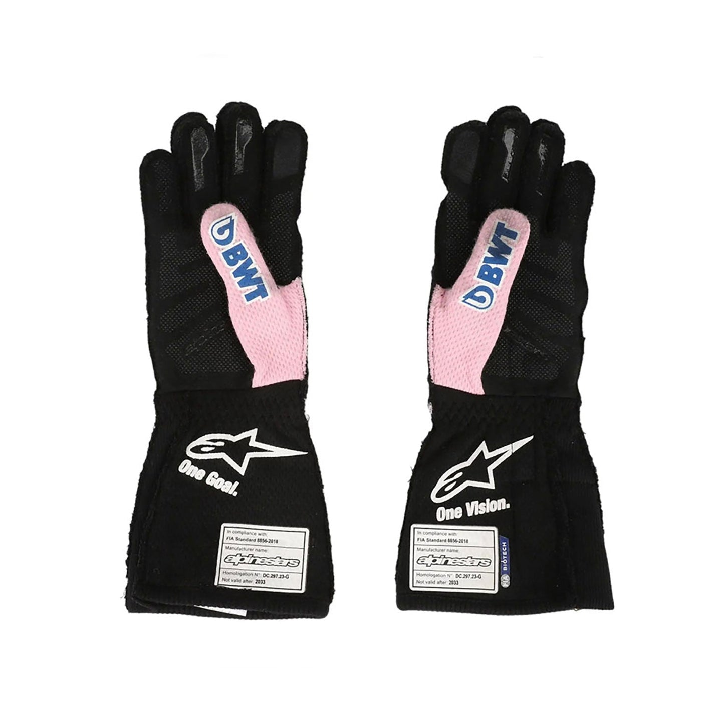 Black Esteban Ocon 2023 BWT Alpine Miami GP F1 Replica Race Gloves shown side-on, highlighting the wrist strap and grip texture for grand prix use
