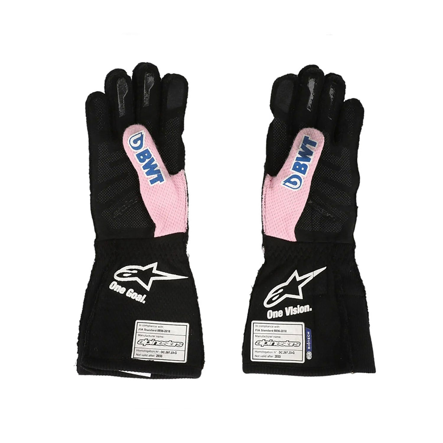 Black Esteban Ocon 2023 BWT Alpine Miami GP F1 Replica Race Gloves shown side-on, highlighting the wrist strap and grip texture for grand prix use
