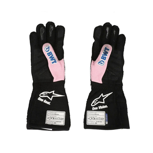 Black Esteban Ocon 2023 BWT Alpine Miami GP F1 Replica Race Gloves laid flat, front view, showing the full racing design and replica stitching