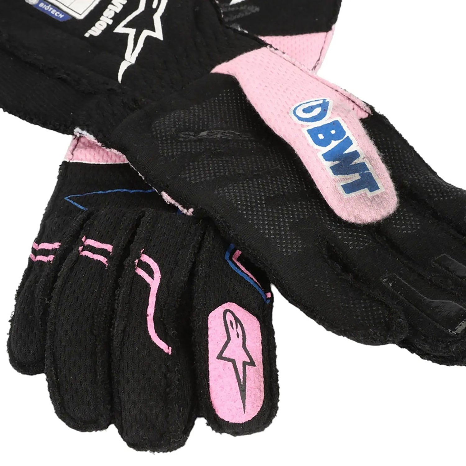 Black Esteban Ocon 2023 BWT Alpine Miami GP F1 Replica Race Gloves in close-up detail, showing the palm grip pattern used in GP racing conditions