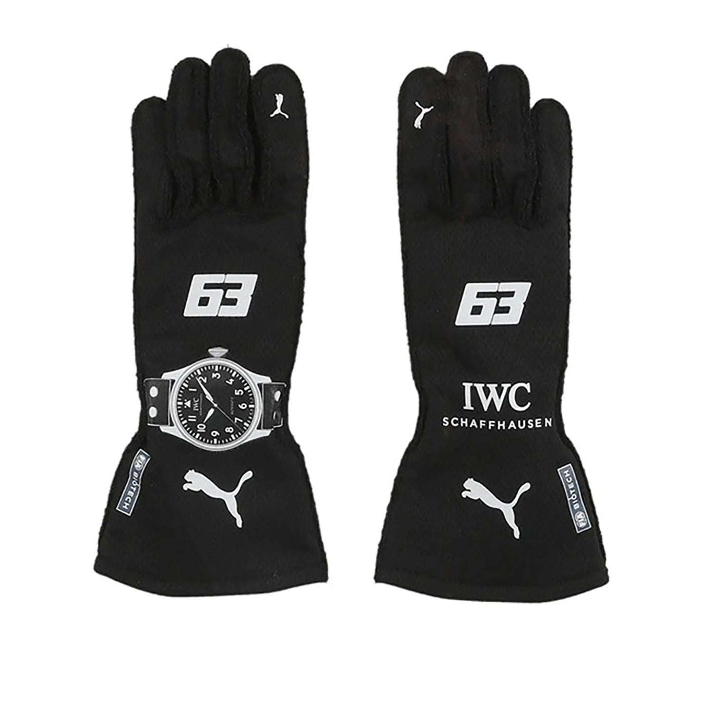 Black George Russell 2023 Mercedes F1 Race Gloves Replica laid flat, front view, showing the full racing design and replica stitching