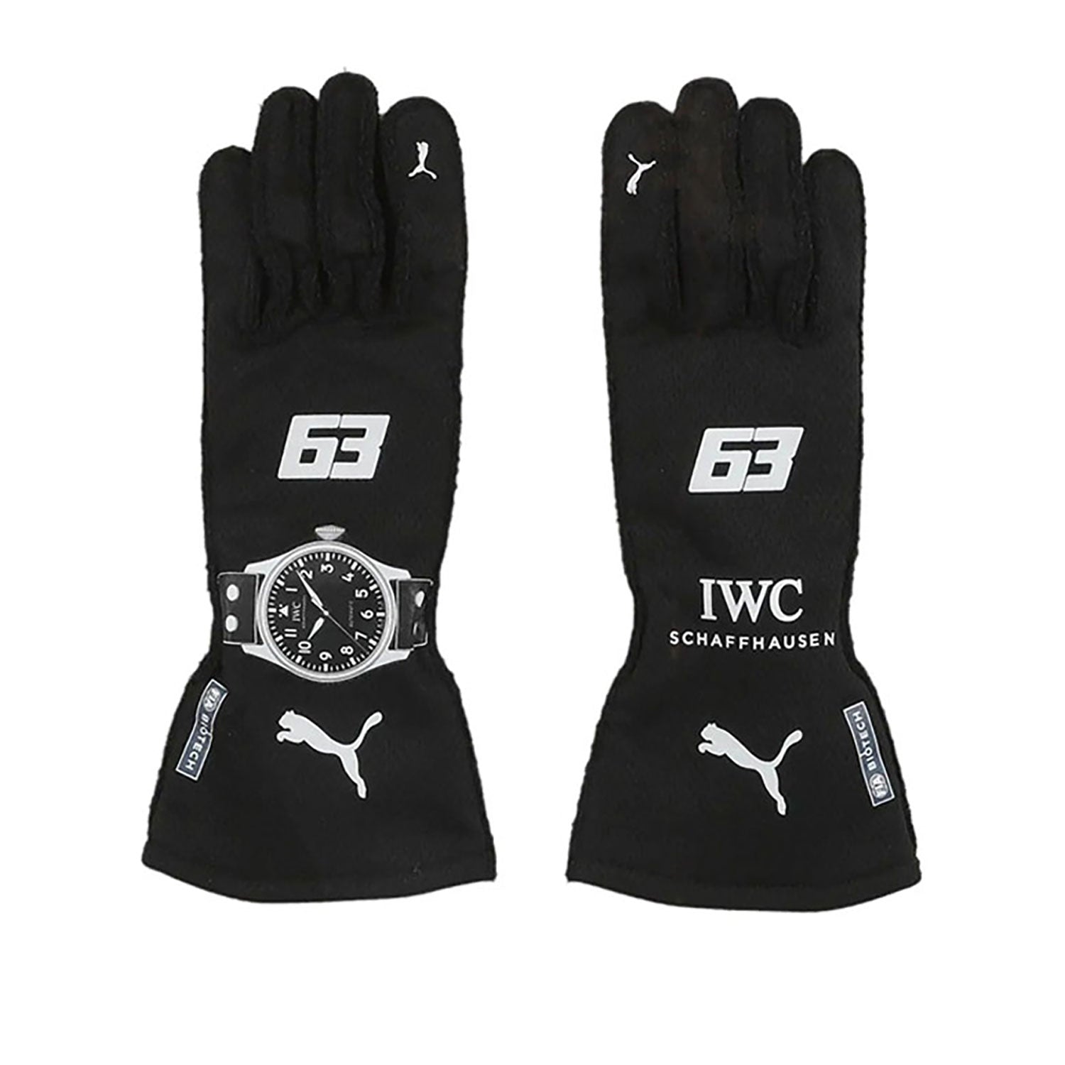 Black George Russell 2023 Mercedes F1 Race Gloves Replica laid flat, front view, showing the full racing design and replica stitching