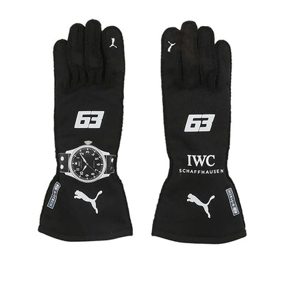 Black George Russell 2023 Mercedes F1 Race Gloves Replica laid flat, front view, showing the full racing design and replica stitching