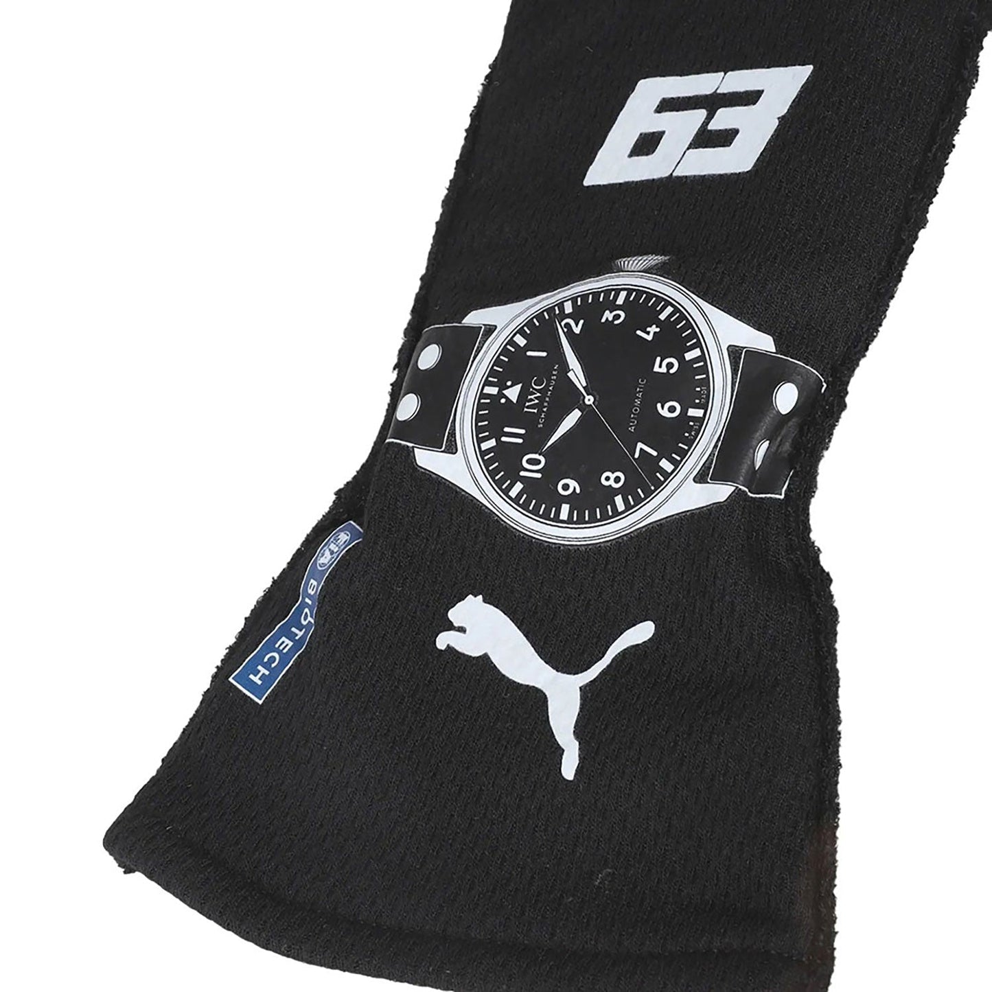 Black George Russell 2023 Mercedes F1 Race Gloves Replica shown side-on, highlighting the wrist strap and grip texture for grand prix use