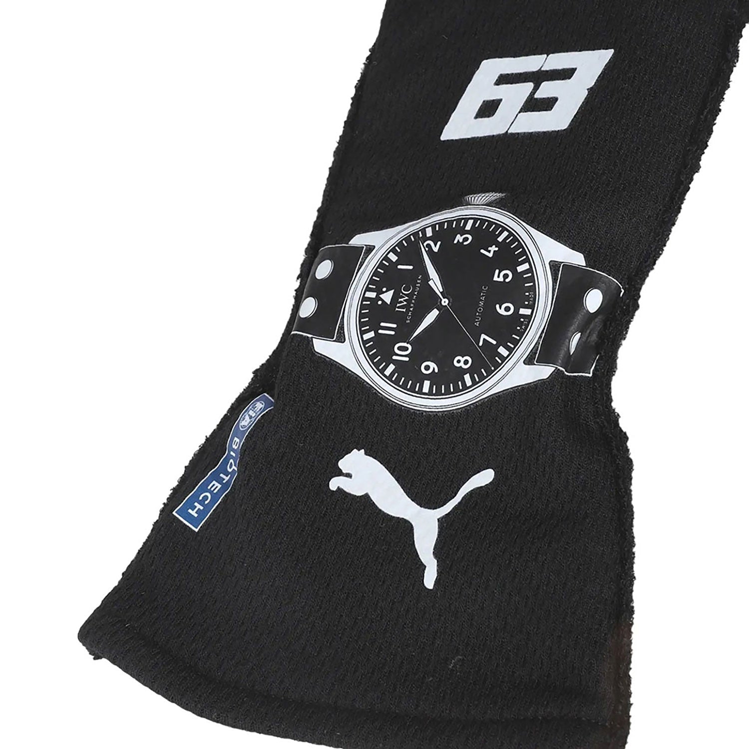 Black George Russell 2023 Mercedes F1 Race Gloves Replica shown side-on, highlighting the wrist strap and grip texture for grand prix use