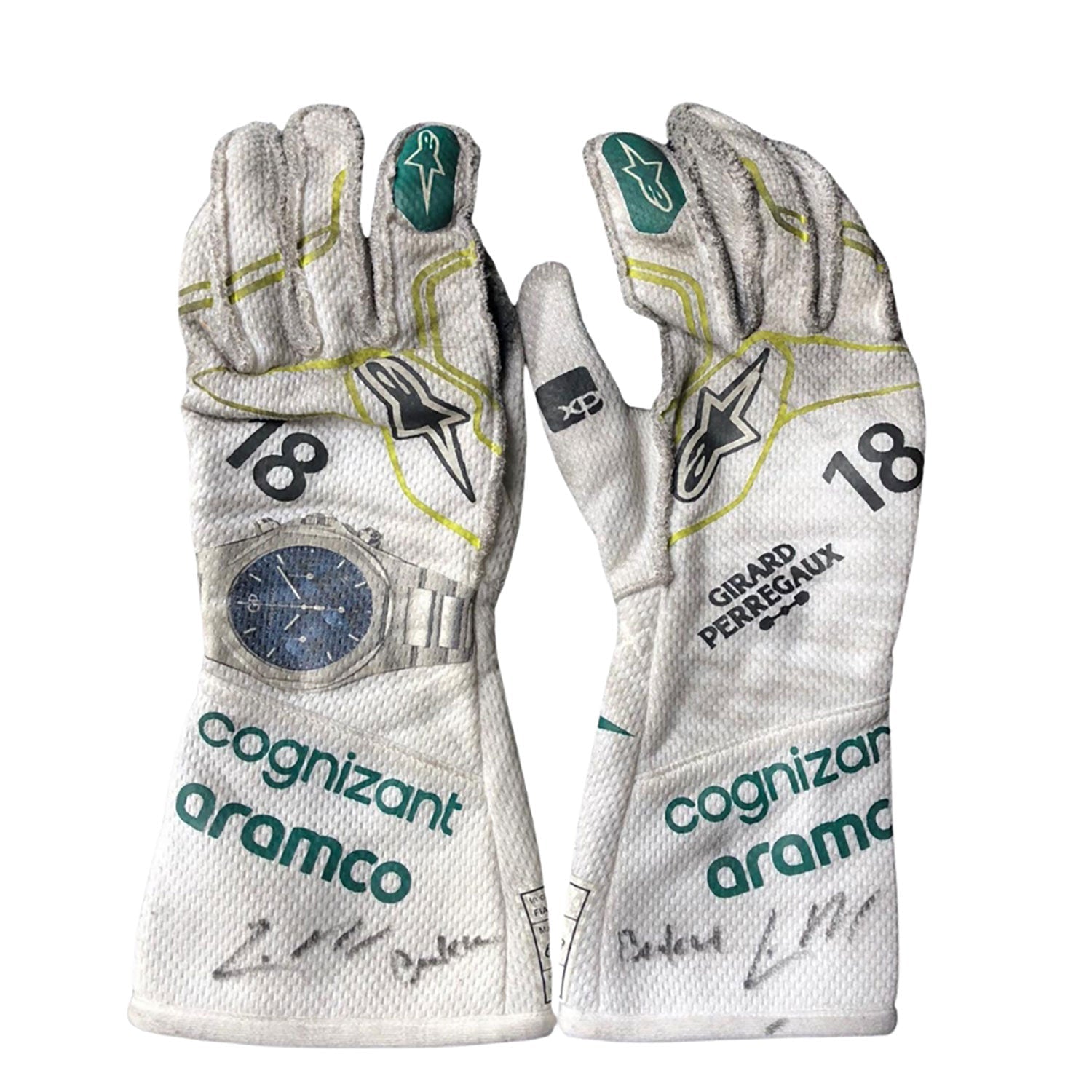 White Lance Stroll 2023 Aston Martin F1 Race Gloves laid flat, front view, showing the full racing design and replica stitching