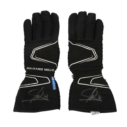 Black Lando Norris 2023 McLaren F1 Race Gloves Replica laid flat, front view, showing the full racing design and replica stitching