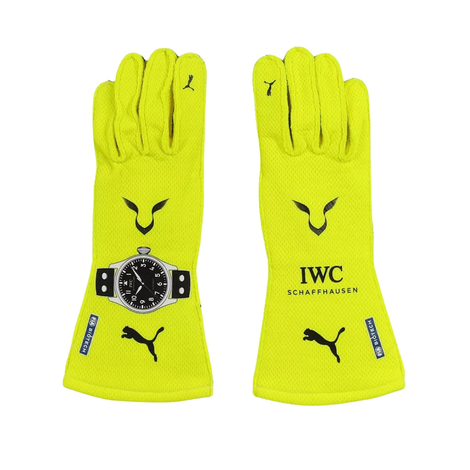 Yellow Lewis Hamilton 2023 Mercedes F1 Race Gloves Replica laid flat, front view, showing the full racing design and replica stitching