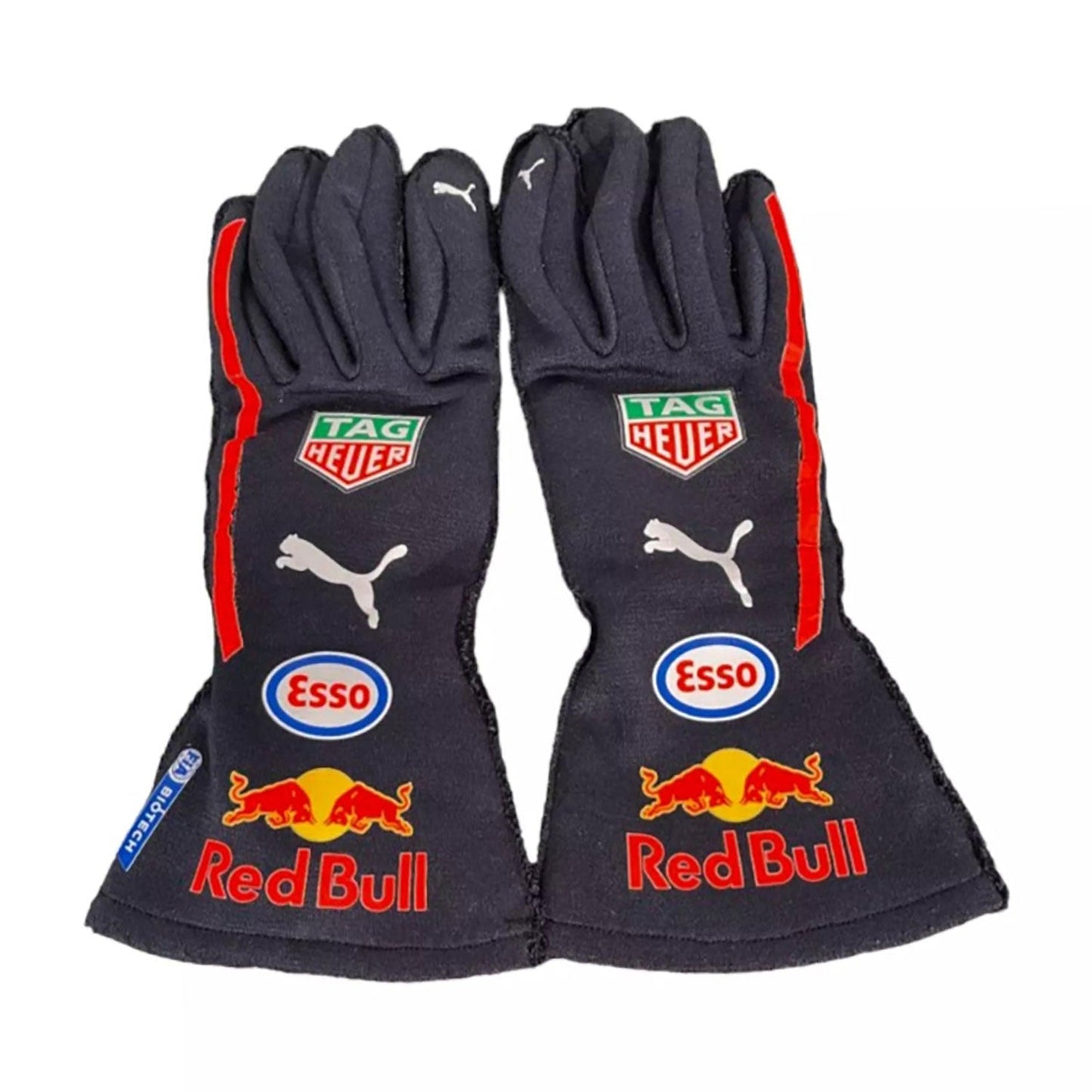 Blue Max Verstappen 2023 Red Bull F1 Race Gloves Replica laid flat, front view, showing the full racing design and replica stitching