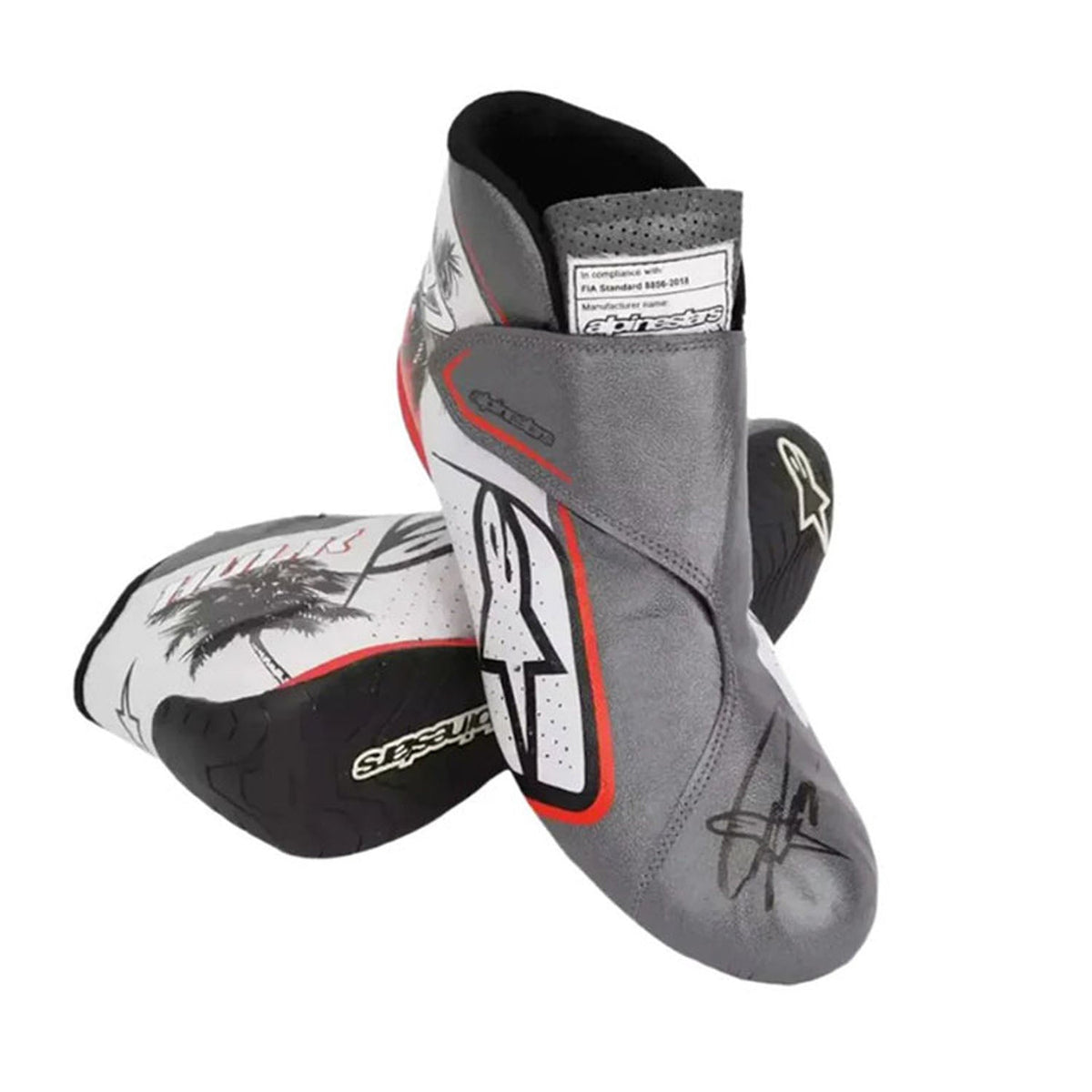 grey and white racing shoes for Nico Hulkenberg supporters, showing the grippy tread and light build. Race day attire footwear that matches any racing jumpsuit.