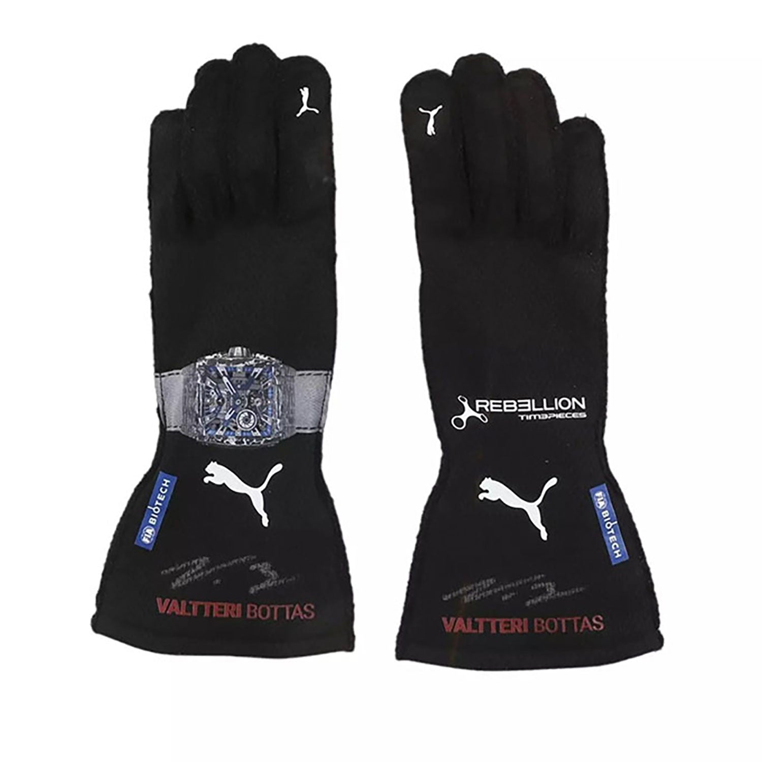 Black Valtteri Bottas 2023 Mercedes F1 Replica Race Gloves laid flat, front view, showing the full racing design and replica stitching