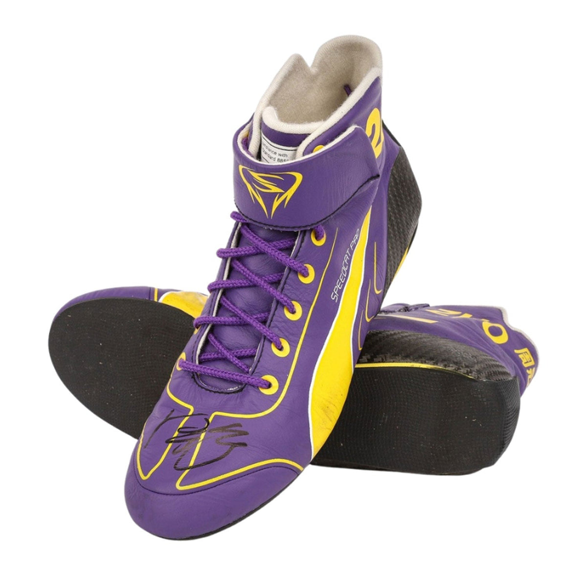 blue and yellow fan footwear from the 2023 Mexico City Grand Prix, highlighting the moulded sole and low profile. Race day attire footwear that matches any racing jumpsuit.