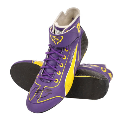 blue and yellow fan footwear from the 2023 Mexico City Grand Prix, highlighting the moulded sole and low profile. Race day attire footwear that matches any racing jumpsuit.