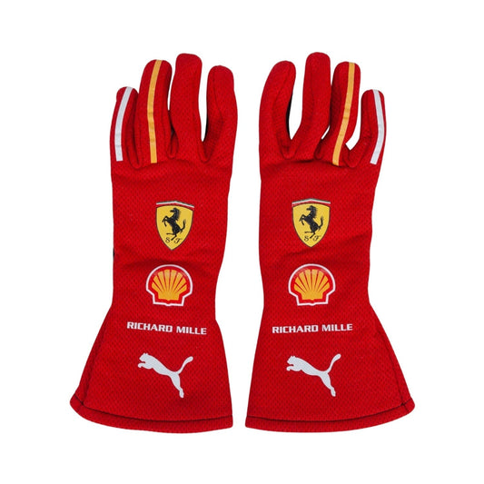 Red Charles Leclerc 2024 Ferrari F1 Race Gloves Replica laid flat, front view, showing the full racing design and replica stitching