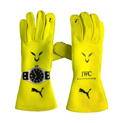 Yellow Lewis Hamilton 2024 Mercedes F1 Race Gloves laid flat, front view, showing the full racing design and replica stitching