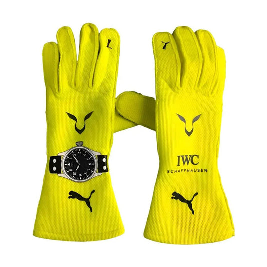 Yellow Lewis Hamilton 2024 Mercedes F1 Race Gloves laid flat, front view, showing the full racing design and replica stitching