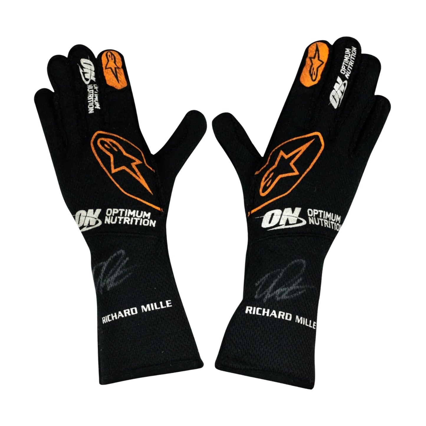 Black Oscar Piastri 2024 McLaren F1 Race Gloves laid flat, front view, showing the full racing design and replica stitching