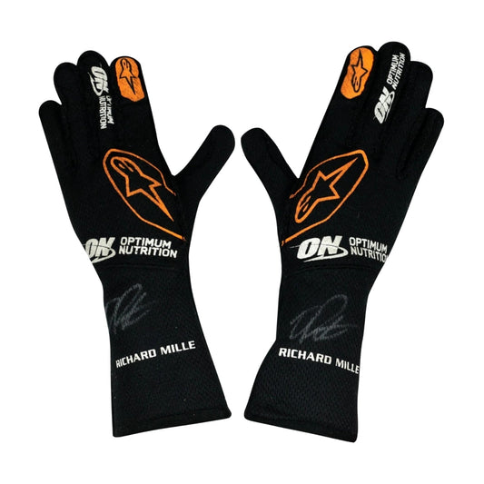 Black Oscar Piastri 2024 McLaren F1 Race Gloves laid flat, front view, showing the full racing design and replica stitching