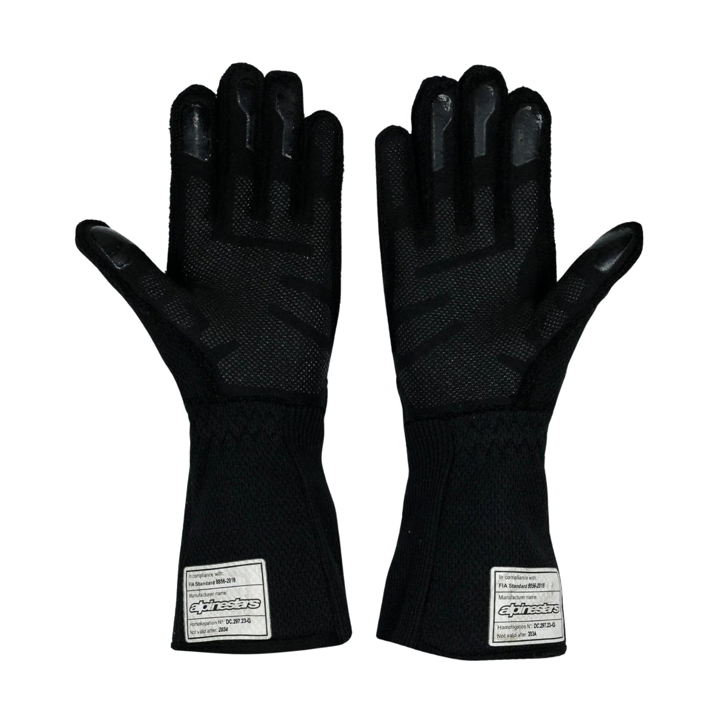 Black Oscar Piastri 2024 McLaren F1 Race Gloves shown side-on, highlighting the wrist strap and grip texture for grand prix use