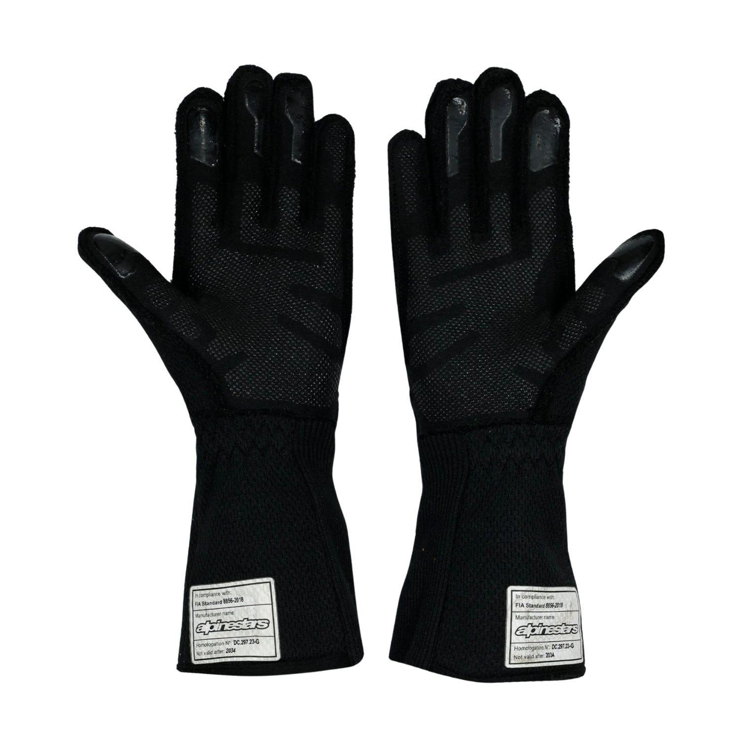 Black Oscar Piastri 2024 McLaren F1 Race Gloves shown side-on, highlighting the wrist strap and grip texture for grand prix use