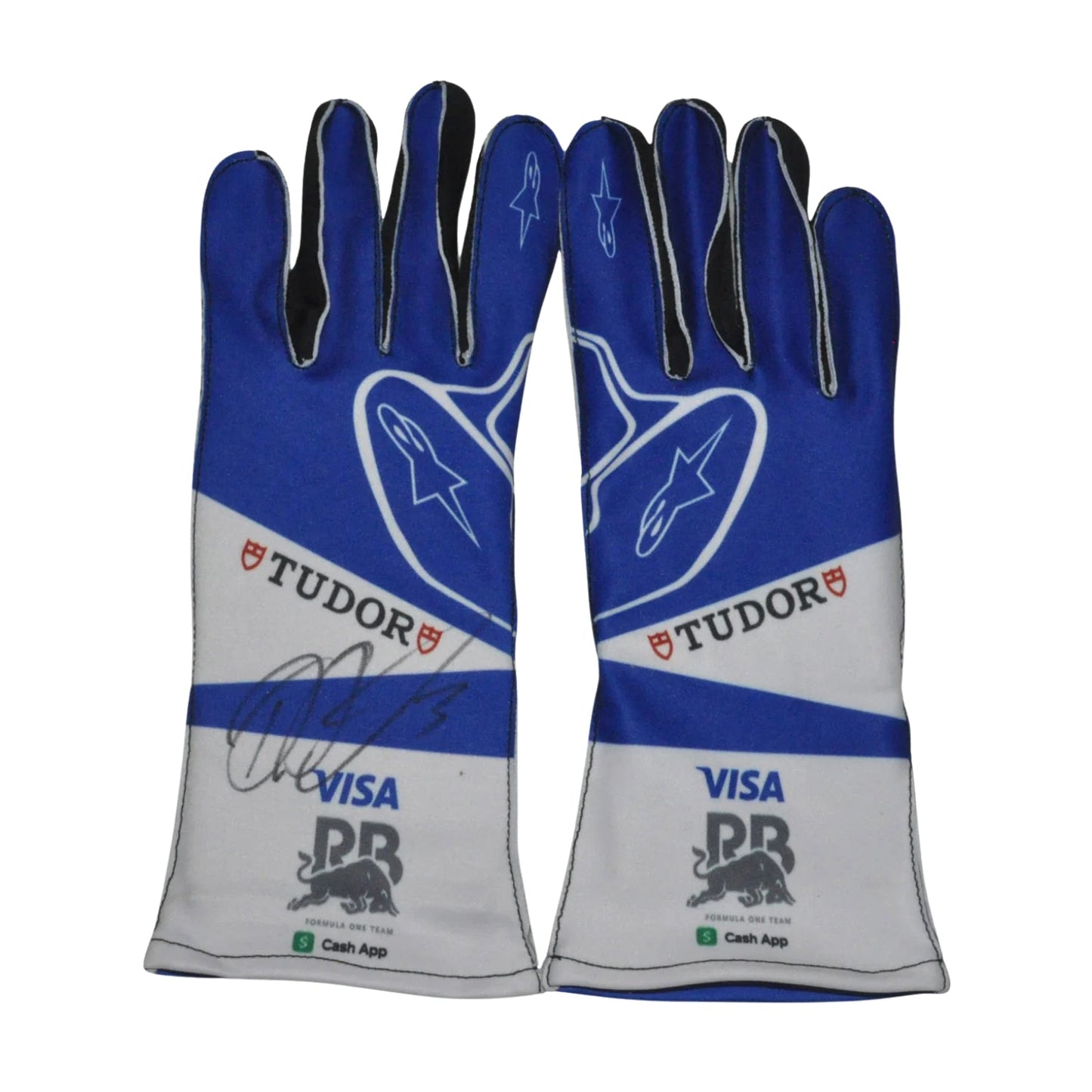 Blue Daniel Ricciardo 2024 Racing Bulls F1 Race Gloves Replica laid flat, front view, showing the full racing design and replica stitching