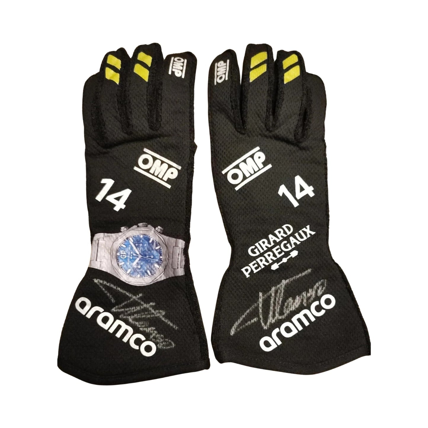 Black Fernando Alonso 2024 Aston Martin F1 Race Gloves laid flat, front view, showing the full racing design and replica stitching