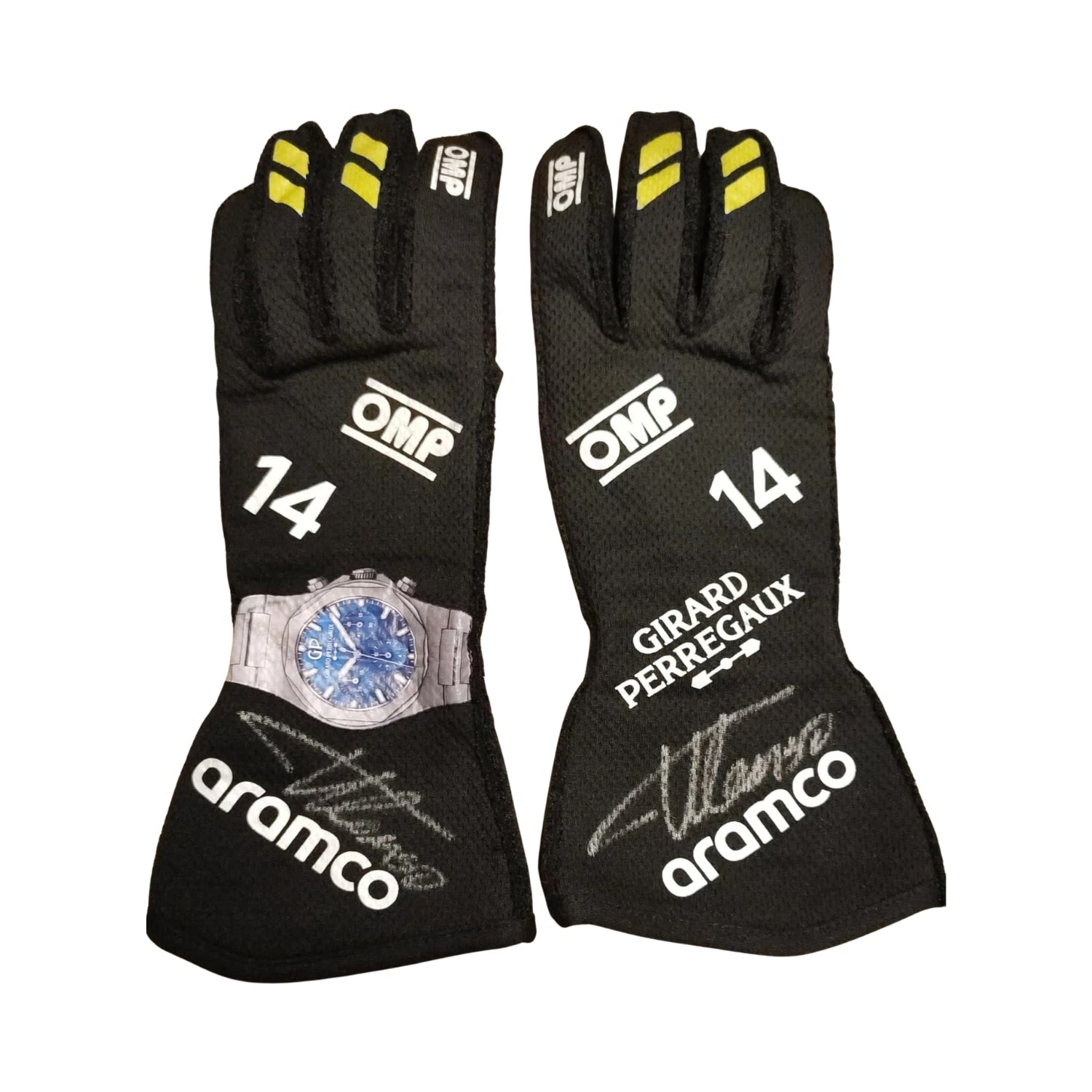 Black Fernando Alonso 2024 Aston Martin F1 Race Gloves laid flat, front view, showing the full racing design and replica stitching
