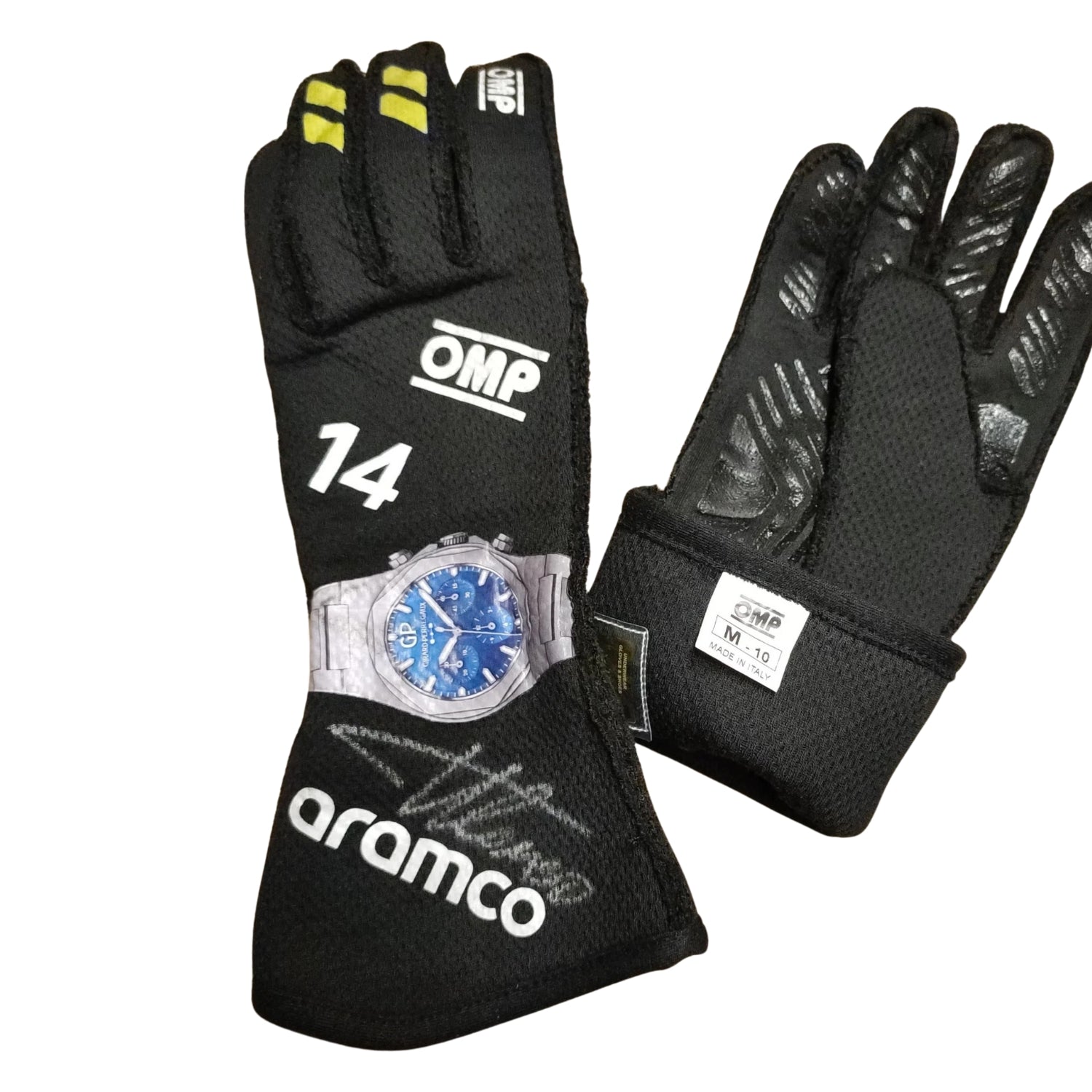 Black Fernando Alonso 2024 Aston Martin F1 Race Gloves shown side-on, highlighting the wrist strap and grip texture for grand prix use