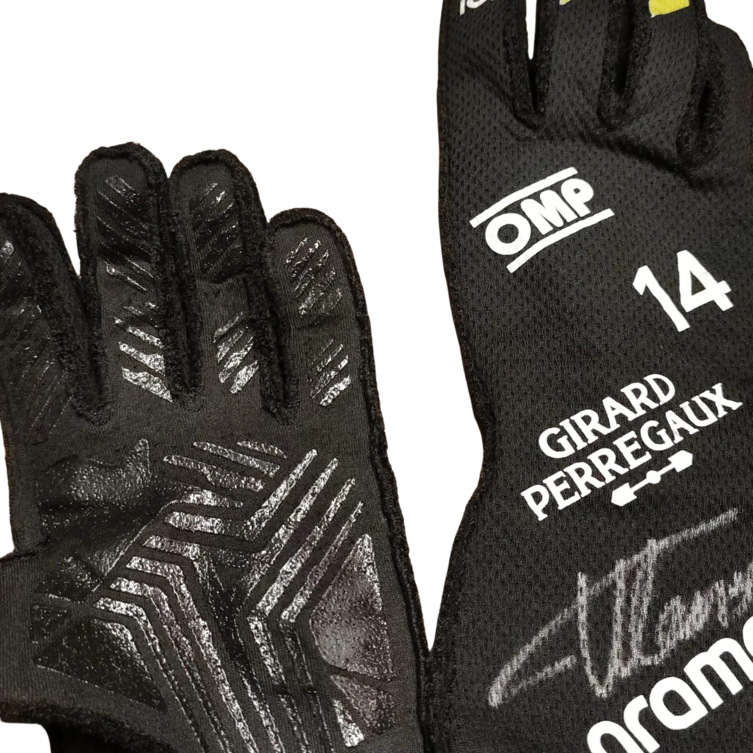 Black Fernando Alonso 2024 Aston Martin F1 Race Gloves shown side-on, highlighting the wrist strap and grip texture for grand prix use