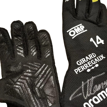 Black Fernando Alonso 2024 Aston Martin F1 Race Gloves shown side-on, highlighting the wrist strap and grip texture for grand prix use