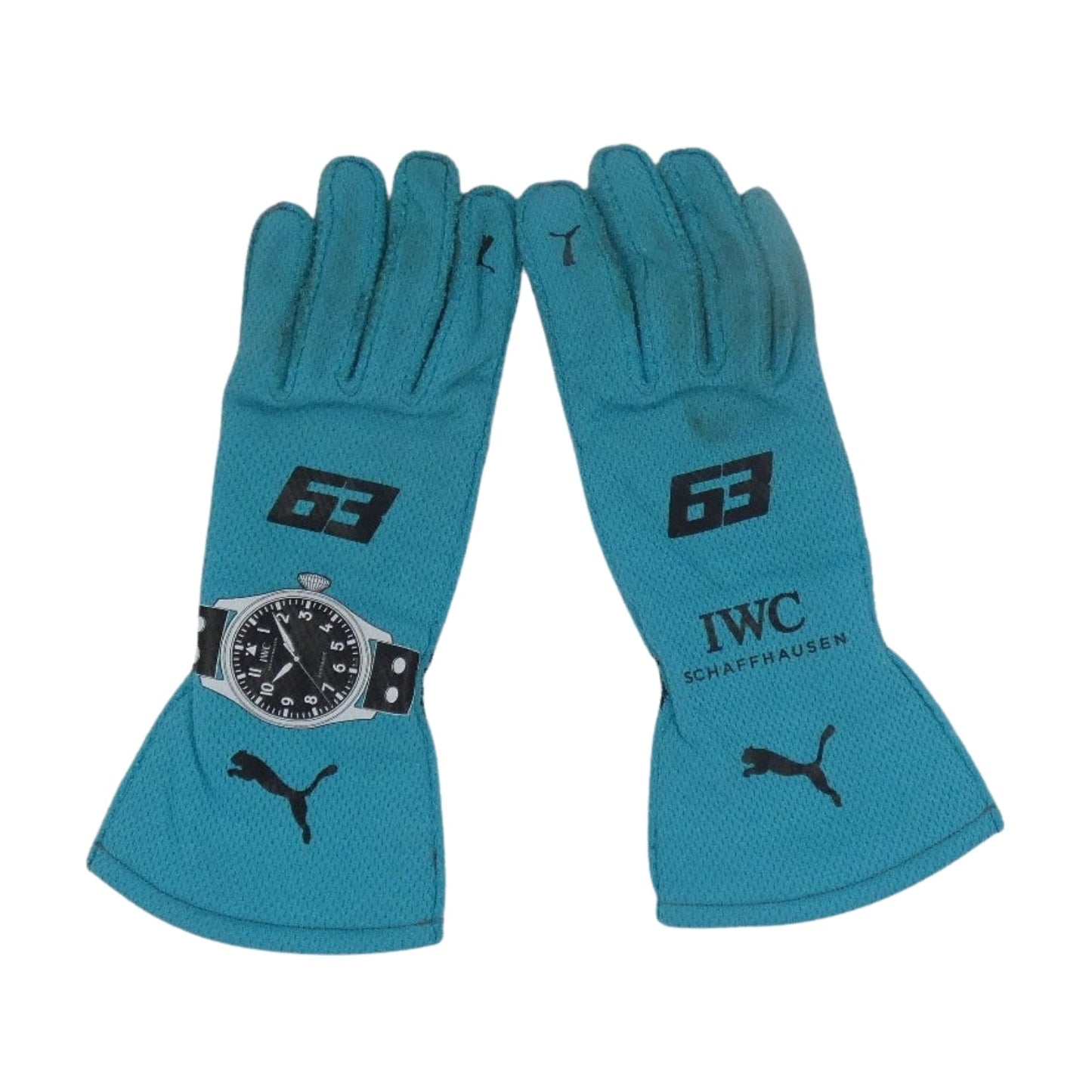 Blue George Russell 2024 Mercedes F1 Race Gloves laid flat, front view, showing the full racing design and replica stitching