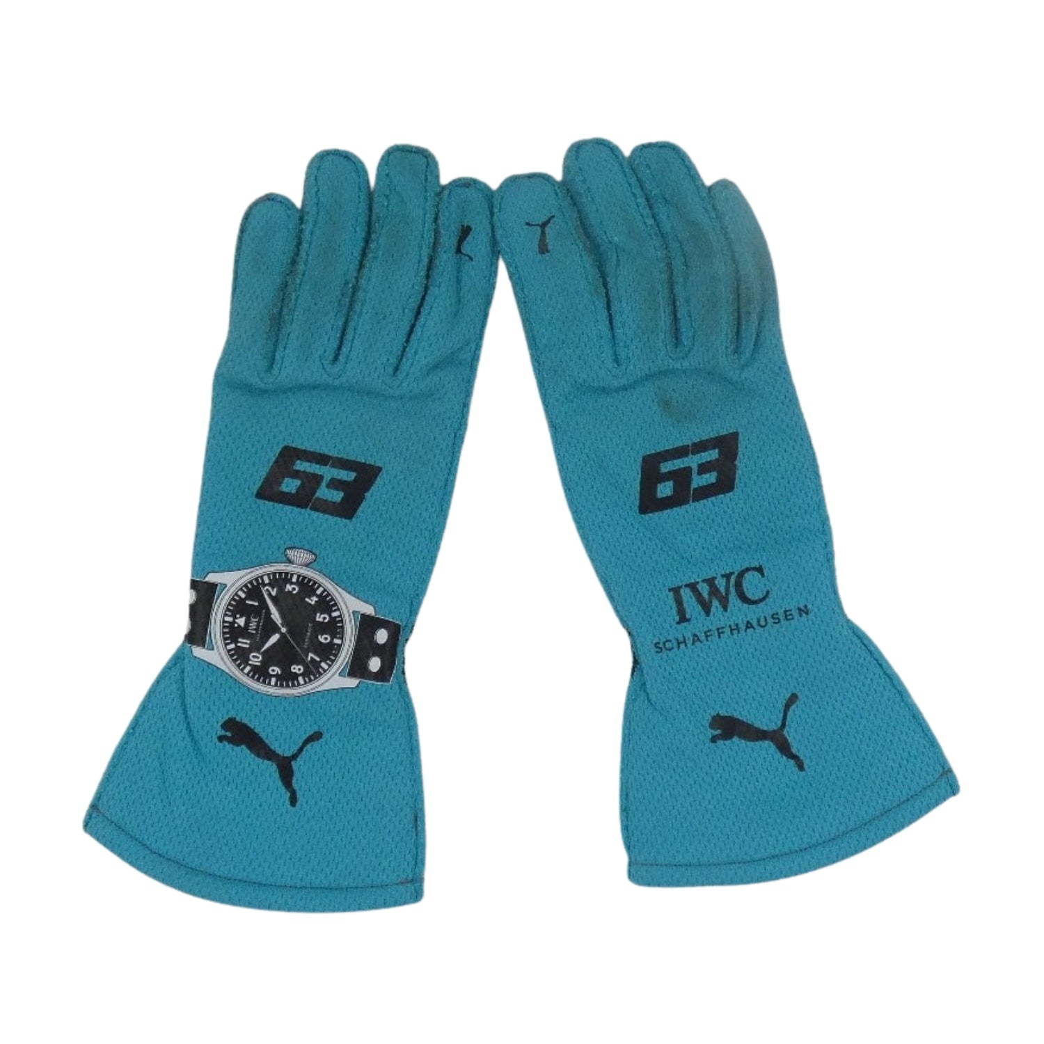 Blue George Russell 2024 Mercedes F1 Race Gloves laid flat, front view, showing the full racing design and replica stitching