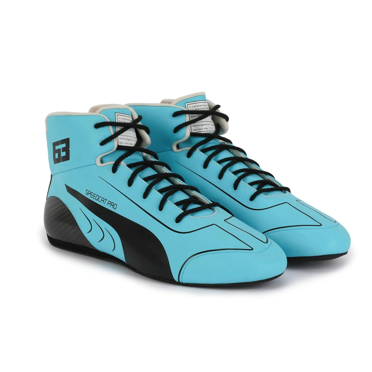 George Russell 2024 F1 Racing Suit Replica in black and grey, with logo-style graphics across the upper. Comfortable fan shoes for supporters, karters and collectors.
