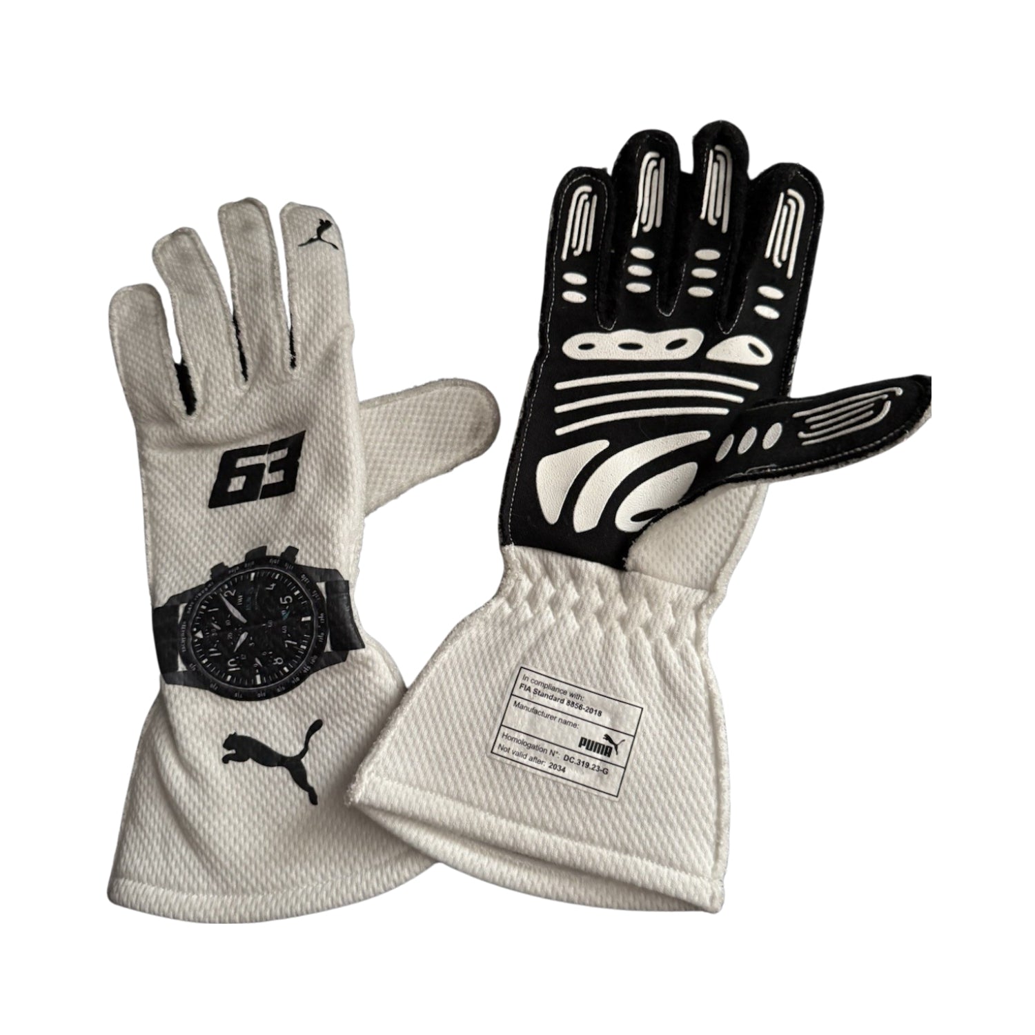 White George Russell 2024 Mercedes Qatar GP F1 Race Gloves laid flat, front view, showing the full racing design and replica stitching