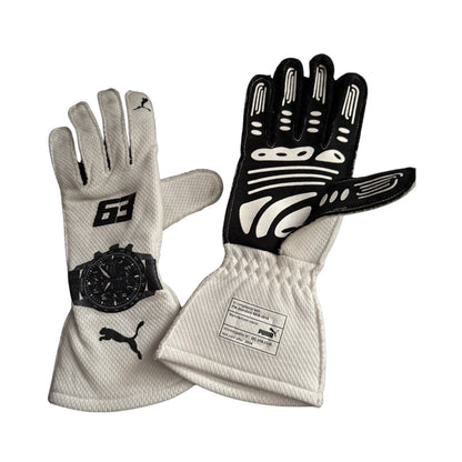 White George Russell 2024 Mercedes Qatar GP F1 Race Gloves laid flat, front view, showing the full racing design and replica stitching