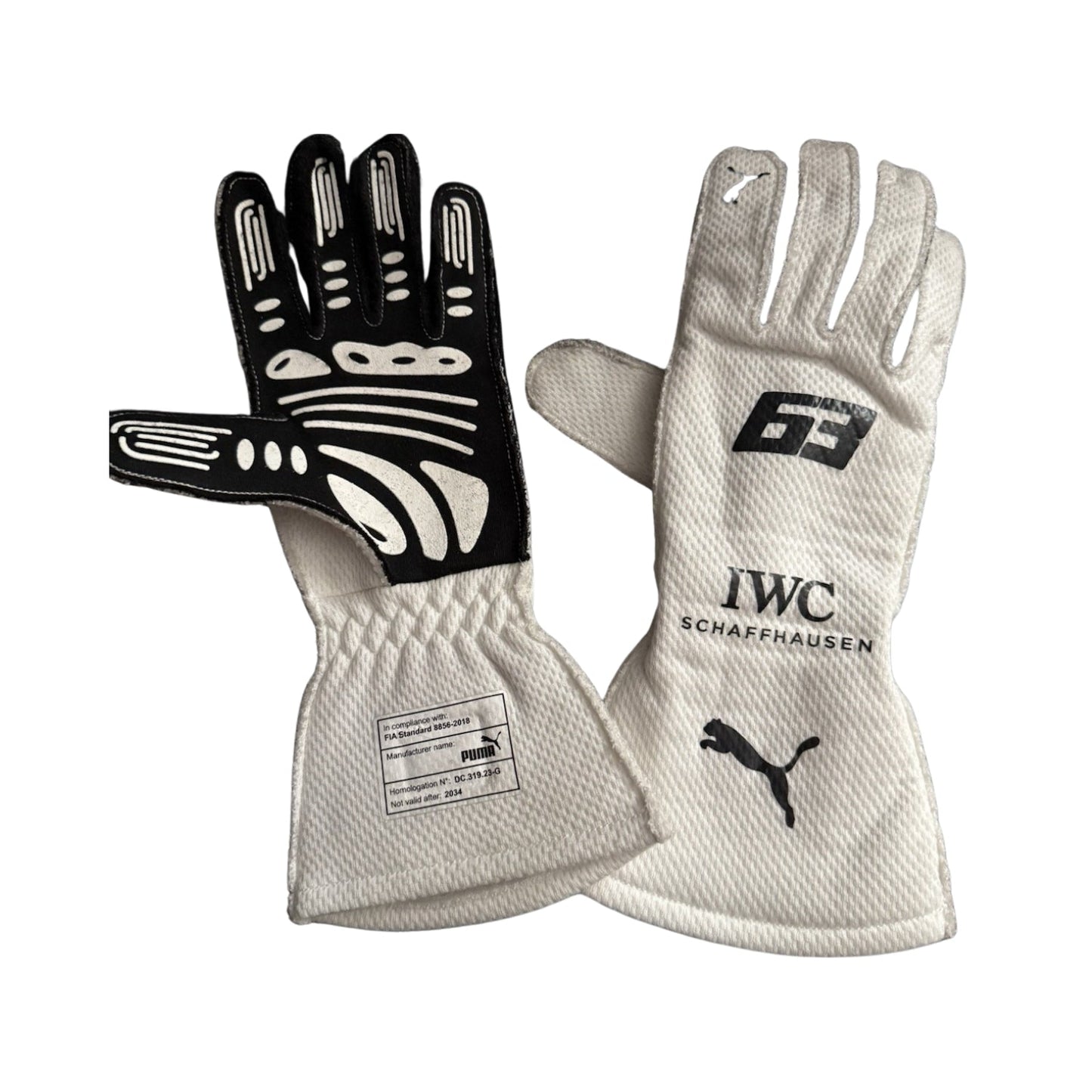 White George Russell 2024 Mercedes Qatar GP F1 Race Gloves shown side-on, highlighting the wrist strap and grip texture for grand prix use