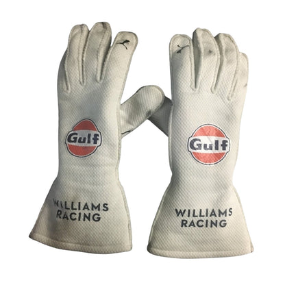 White Logan Sargeant 2024 Williams F1 Race Gloves laid flat, front view, showing the full racing design and replica stitching