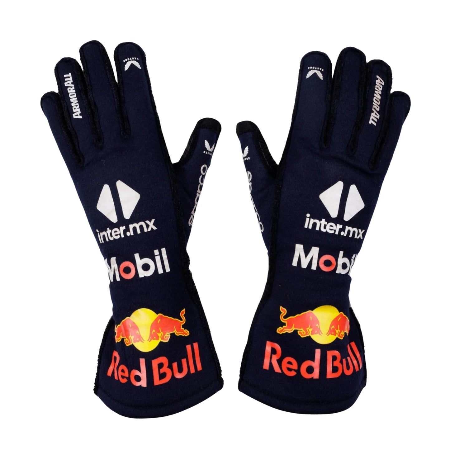 Black Max Verstappen 2024 Red Bull F1 Race Gloves Replica laid flat, front view, showing the full racing design and replica stitching