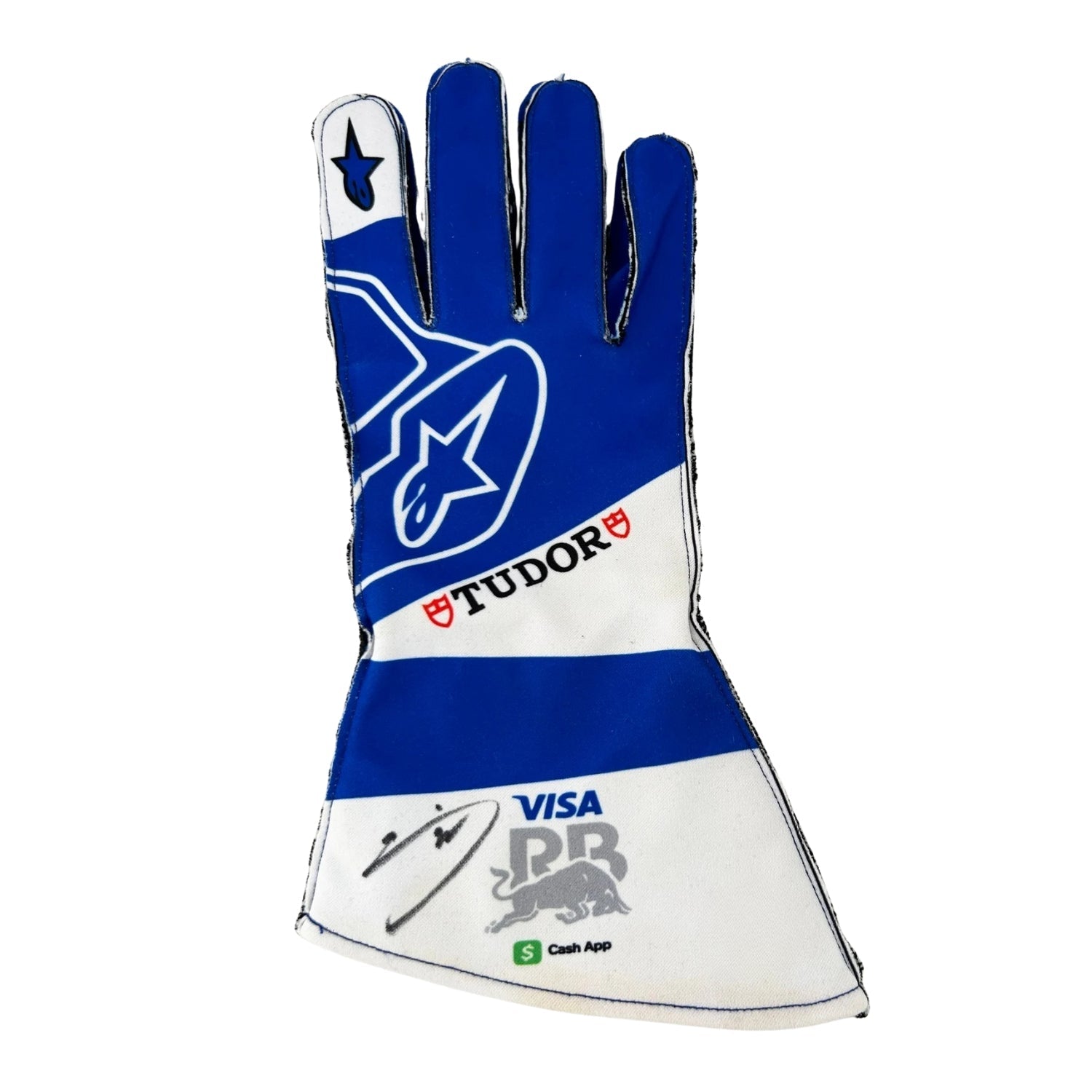 Blue Yuki Tsunoda 2024 Racing Bulls F1 Race Gloves laid flat, front view, showing the full racing design and replica stitching