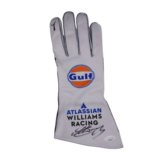 White Alexander Albon 2025 Williams F1 Race Gloves laid flat, front view, showing the full racing design and replica stitching