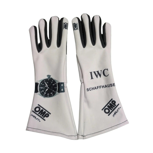 Pair of white 2025 Brad Pitt ( Damson Idris) The Movie Racing Gloves Team F1 APXGP with black text and logos Back View