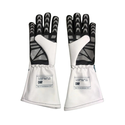 A pair of white and black 2025 Brad Pitt ( Damson Idris) The Movie Racing Gloves Team F1 APXGP with textured black backs and white cuffs, displayed against a plain white background.