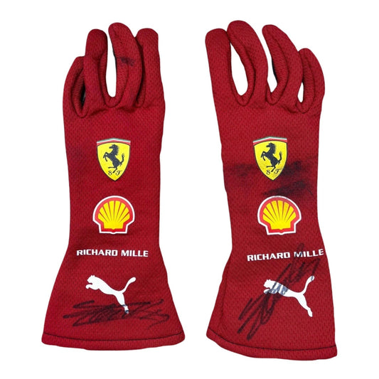 Red Charles Leclerc 2025 Ferrari F1 Race Gloves laid flat, front view, showing the full racing design and replica stitching